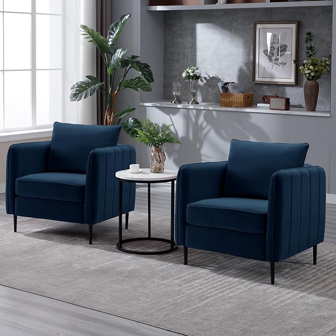 Accent Chair for Living Room ChairsVelvet Modern Upholstered Chairs Living RoomCozy ArmchairBarrel Chair (2 Navy)
