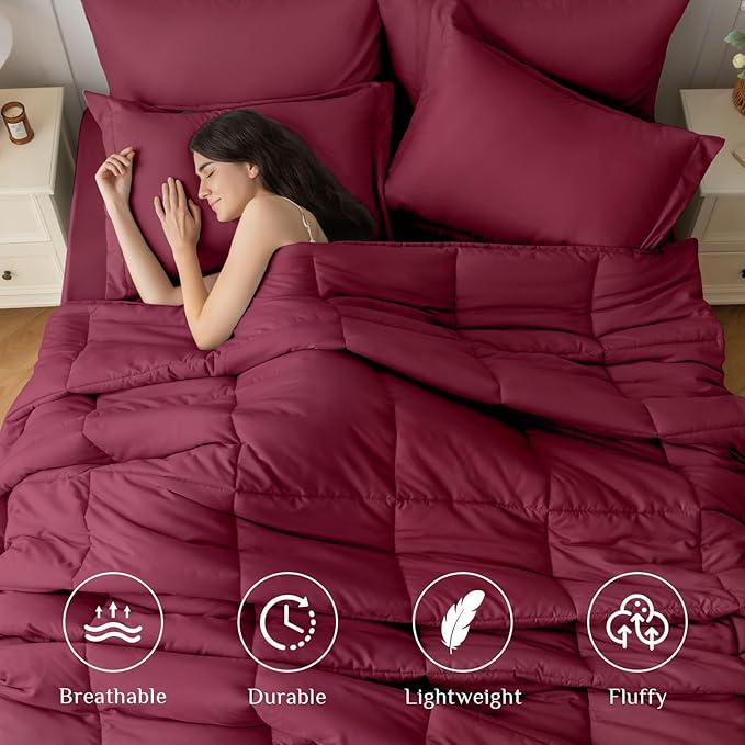 JOLLYVOGUE California King Comforter Set Ultra-Soft Bed in a Bag Cal King Size 7 Pieces Oeko-TEX Certified Bedding Set with Down Alternative Comforter Sheets Pillowcases &amp Shams Burgundy