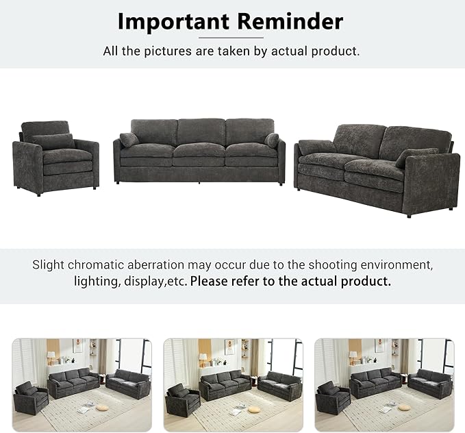 3-Piece Cozy Upholstered Sofa Set Upholstered Sofa Set with 2 Single Sofa Oversized Comfy Cloud Sofa for Living Room Office Apartment (Grey-6c)