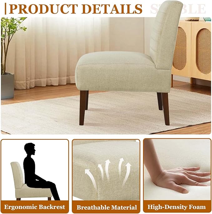 Modern Accent Chair for Living Room Upholstered Armless Slipper Chair with Back &amp Wood Legs Comfy Small Chair for Bedroom Living Room Reading Spaces Office (Beige)