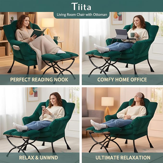 Tiita Lazy Chair with Ottoman Green Modern Large Accent Chair Comfy Leisure Sofa Armchair with Ottoman Reading Chair with Footrest for Bedroom Living Room Dorm Rooms Velvet Green