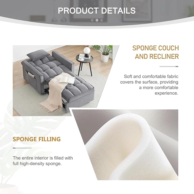 3 In 1 Velvet Convertible Sofa Bed Pull Out Couch Bed with Reclining Backrest And 2 Pillows 54 Full Size Loveseat Sleeper Sofa Futon Couch Bed Couches For Small Spaces Living Room (Dark Grey)