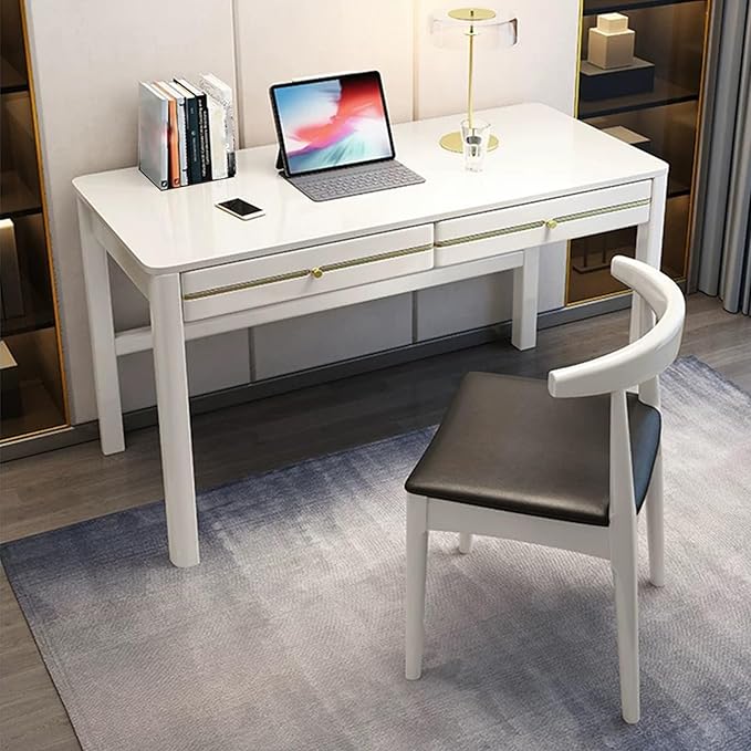 Rectangle Modern Soild Wood Writing Desk with 2 DrawersMinimalistRectangularHome Office DeskStudy TableComputer DeskSmall Spacesfor Bedroom (White)