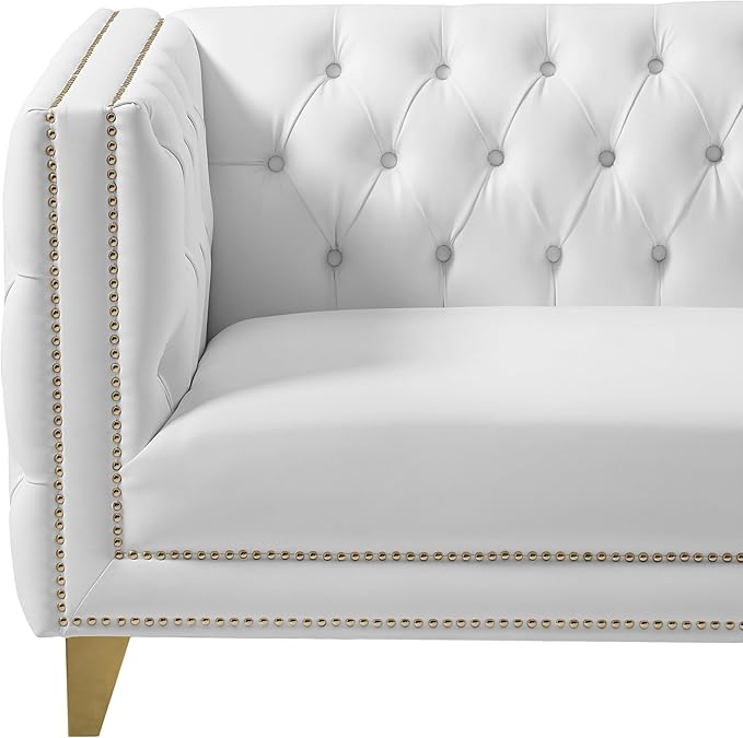 Meridian Furniture 651White-L Michelle Collection Modern | Contemporary Loveseat with Deep Button Tufting Gold Nailhead Trim and Sturdy Gold Iron Legs White Vegan Leather 66 W x 34 D x 30 H
