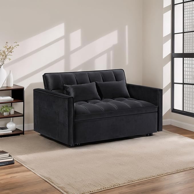 Sleeper Sofa Couch with Pullout Bed 54'' Velvet Futon Loveseat Sofa 3-in-1 Convertible Love Seat Couch for Living Room Apartment Chair Bed Sleeper for Adults (Black)