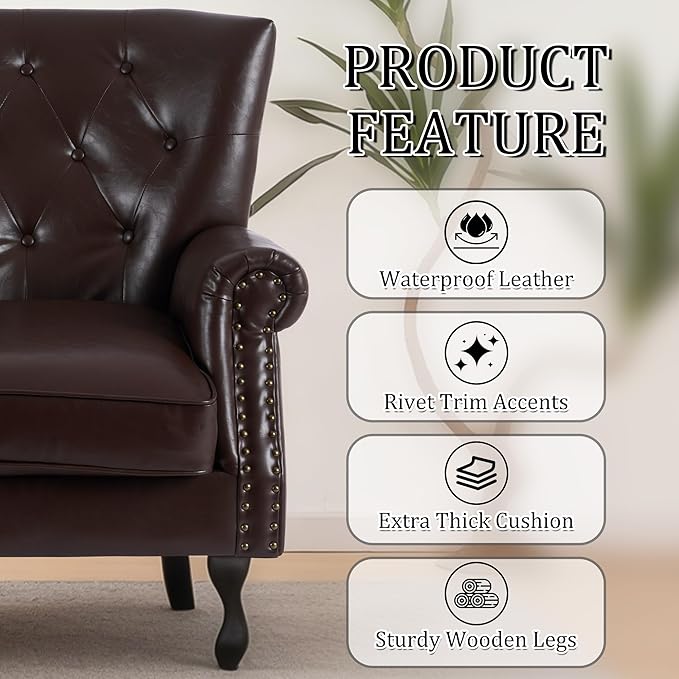 Modern Accent Chair Mid-Century Faux Leather Armchair with Solid Wood Legs Single Sofa Club Chair for Living Room Bedroom Leisure Room Reading Room(Caramel)