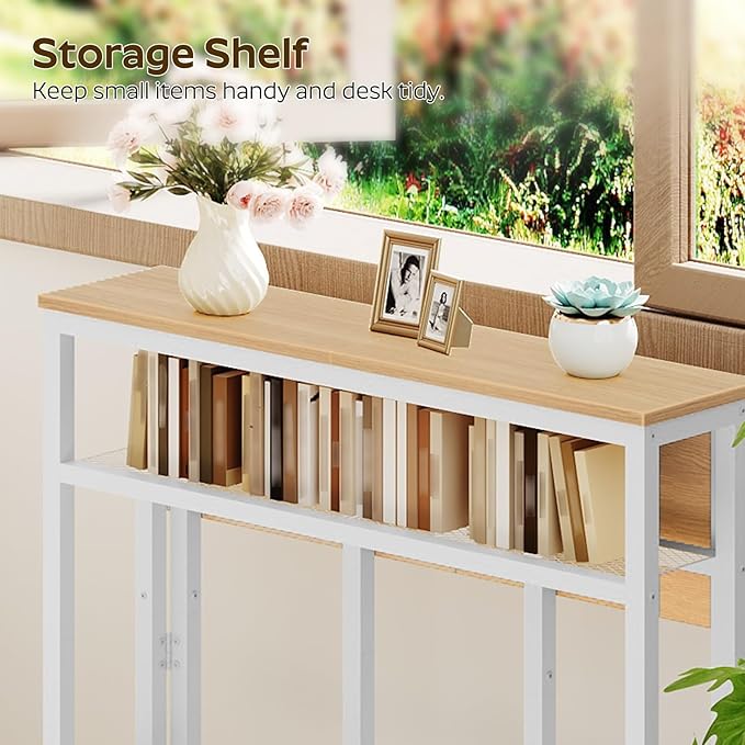 Folding Computer Desk with Storage Shelf 25.2 Rolling Folding Desk with Wheels for Small Spaces Living Room Bedroom Office White and Natural DN08WN