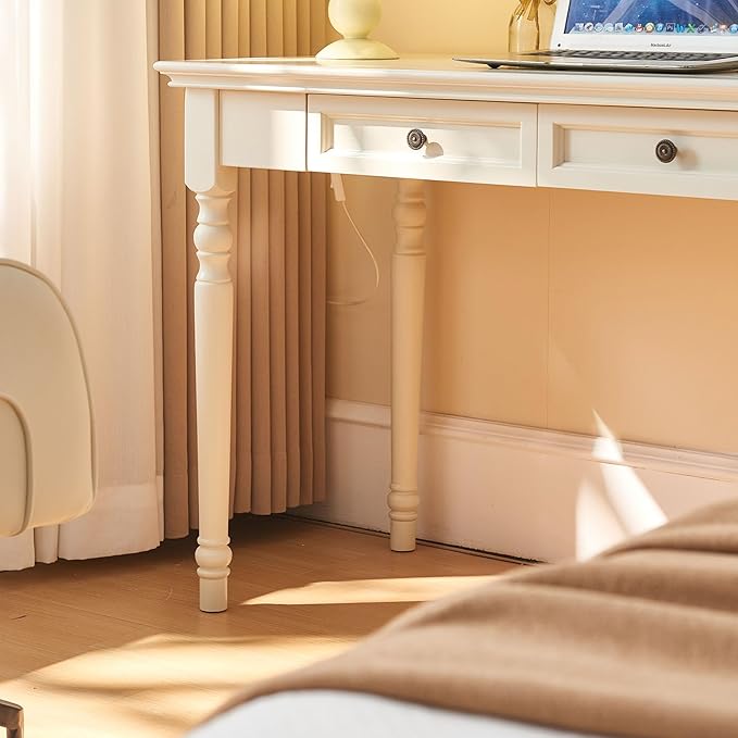 ADORZ 47 White Desk with Drawers French Country Style Solid Wood Desk for Home Office Study Bedroom – Ideal for Makeup Vanity and Storage