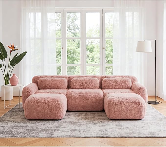 114.7 Modular Boneless Sofa Modern Sectional Couch U-Shape Boneless Couch for Living Room Apartments Bedroom 32D High Density Sponge Lounge Sofa No Assembly Required Pink