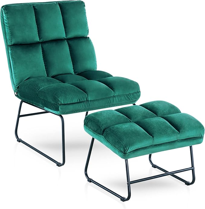 MCombo Velvet Accent Chair with Ottoman Set Modern Armless Chair for Living Room Bedroom Small Space 0014 (Velvet Dark Green)