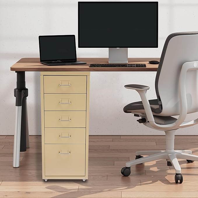 5-Drawer Storage Cabinet with Wheels Metal File Storage Organizer with 4 Small &amp 1 Large Drawers Mobile Vertical Filing Cabinet for Home Office Craft Room Bedroom 11x16.1x27.1in (Beige)