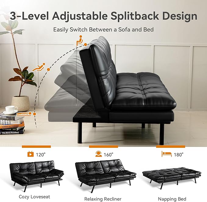 Convertible Futon Sofa Bed71 Modern Premium Faux Leather Futon Couch with Adjustable Backrest&ampArmrestSmall Loveseat Sleeper SofaDorm Futonsofa for ApartmentLiving RoomBlack