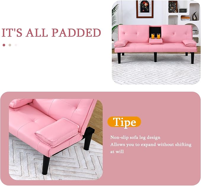 Convertible Folding Futon Sofa Bed Fabric Linen Upholstered Modern Couch Loveseat Sleeper Folding Daybed Guest Bed Removable Armrests 2 Cup Holders Metal Legs (Pink)