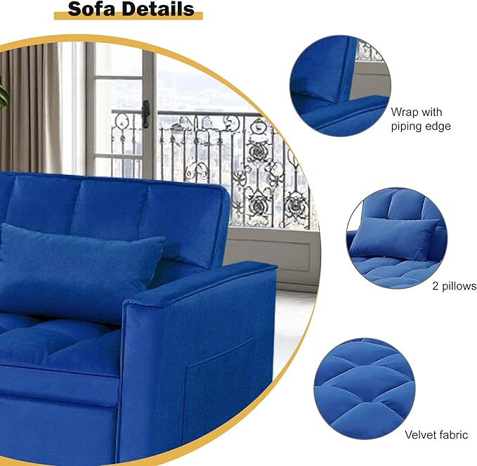 FONTOI 3 in 1 Sleeper Sofa Bed Futon Sofa Bed for Living Room with Side Pocket Blue Sleepers Sofas Couch with Pullout Beds Convertible Love Seat Sleepers couch for Living Room Bedroom Small Space