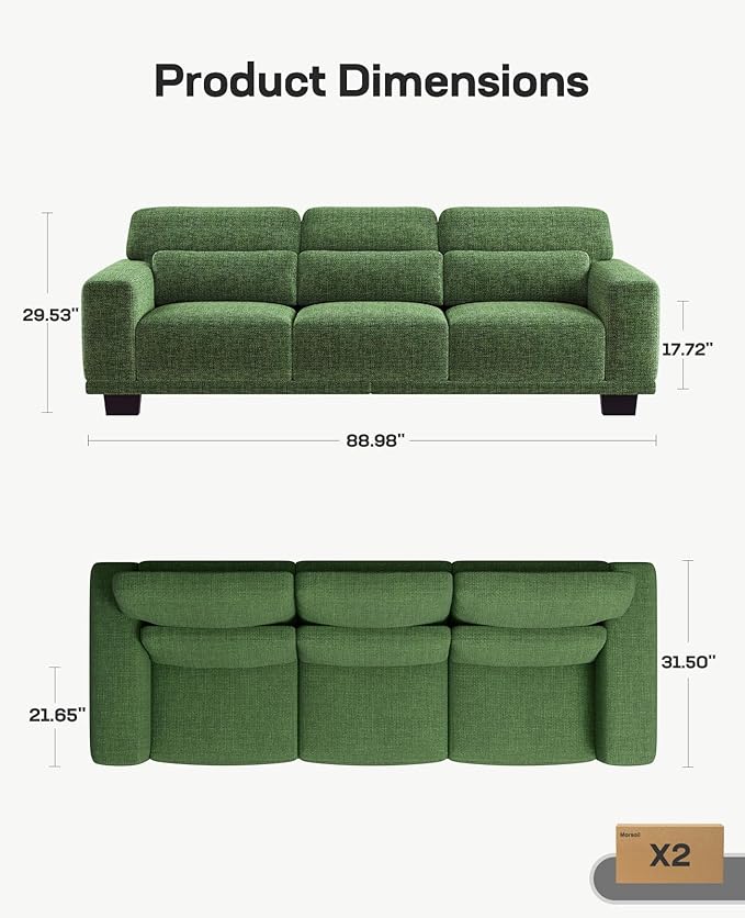 Marsail 89 Sofa Couch 3-Seater Couches with Wide Armrests &amp Deep Cushions Modern Linen Fabric Sofas for Living Room Comfy Upholstered Couch with Removable Washable Covers Green