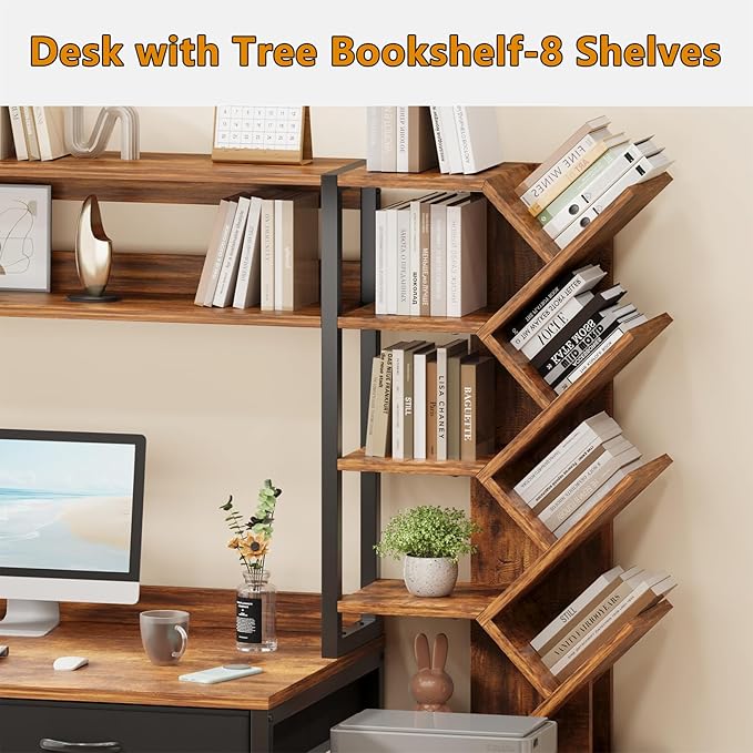Reversible Computer Desk with Hutch Home Office Desk with 5 Drawers and Bookshelf 52'' Study Writing Desk with Storage Shelves for Bedroom Home Office Rustic Brown