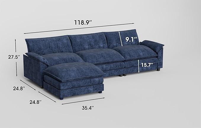JUMMICO 119” Sectional Sofa Modern Deep Couch with Reversible Ottoman L-Shaped Chenille Fabric Modular Sofa Sleeper Comfy for Living Room/Bedroom/Apartment (Blue L Shaped Sofa)