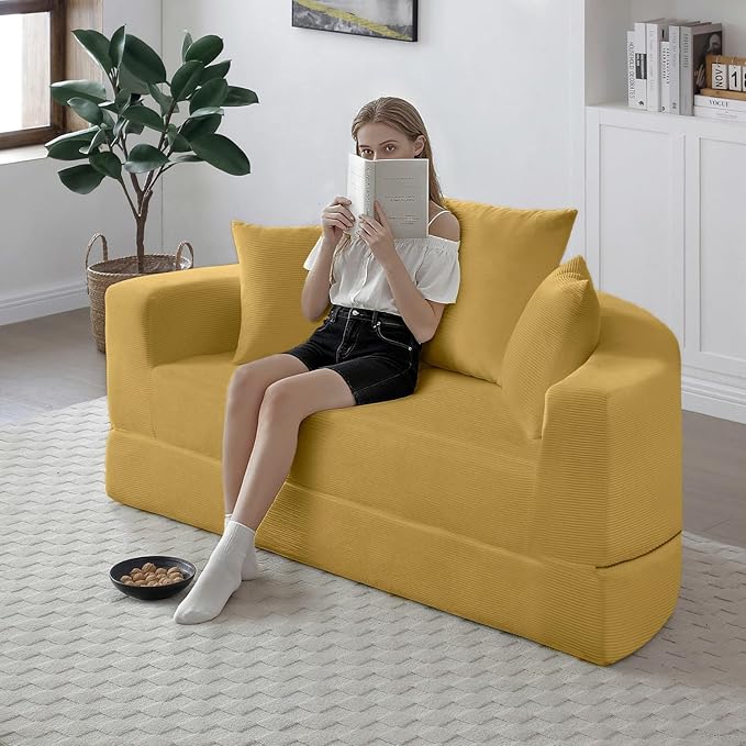 Folding Sofa Bed Corduroy Circular Boneless Couch No Assembly Convertible Sleeper Sofa with 3 Pillow Comfy Futon Sofa Bed for Apartment Office Bedroom Living Room Yellow