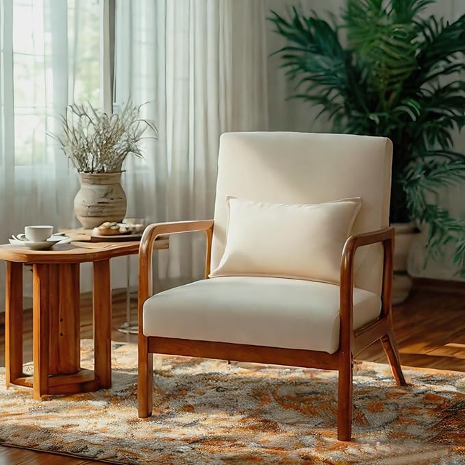 POWERSTONE Mid-Century Accent Chair Set of 2 - Upholstered Lounge Armchair with Pillow Solid Wood Legs Linen Fabric Modern Reading Leisure Chair for Living Room Bedroom Guest Room Beige