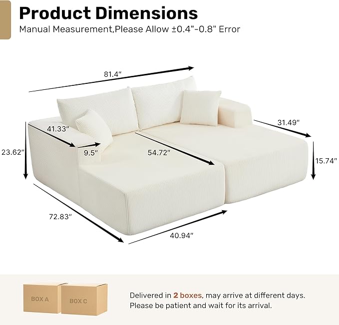 Modular Sectional Sofa81.4 Boneless Sofa for Living RoomLoveseat Sofa Deep Seat Cloud CouchesCorduroy Upholstered Corner Sofa CouchNo Assembly RequiredBeige