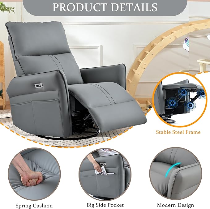 Power Swivel Rocker Recliner Chair for Nursery Upholstered 270° Swivel Glider Rocker Chair with USB Ports Small Power Recliners for Small Spaces Living Room