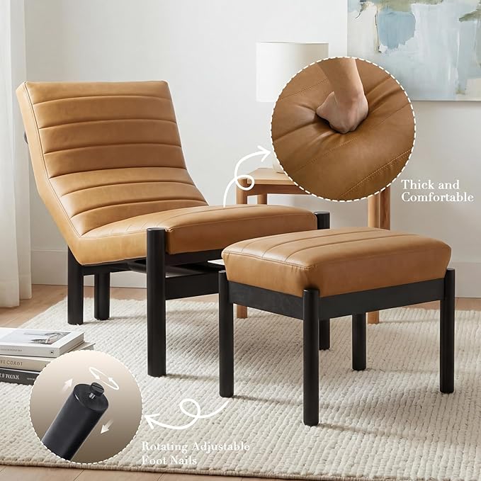 Upholstered PU Leather Accent Chair and Ottoman Set Modern Living Room Chair with Reclining Backrest and Footstool Small Reading Chairs for Living Room Bedroom Brown
