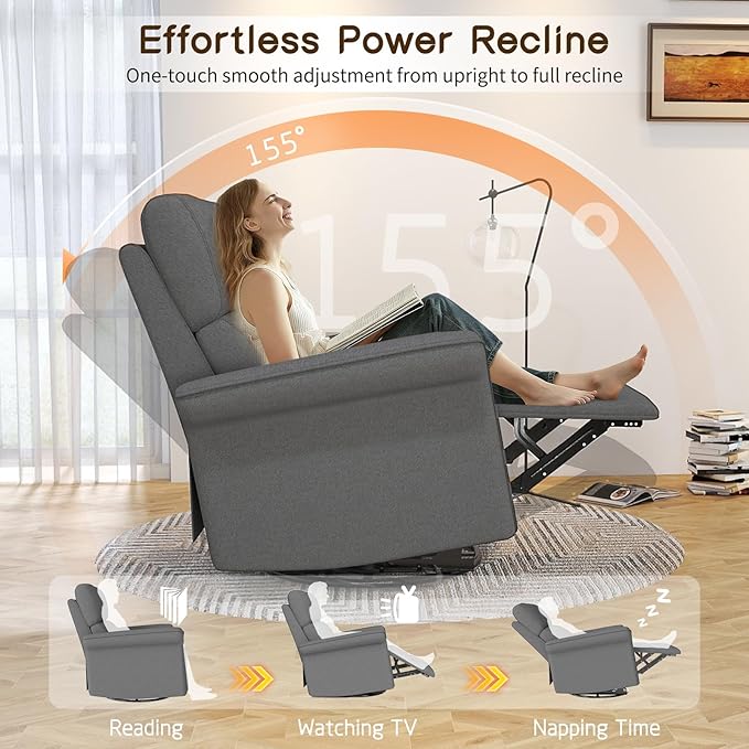 cinkehome Power Swivel Rocker Recliner with USB Overstuffed Electric Reclining Chair Snowflake Fleece Rocker Recliner for Nursery Living Room Bedroom