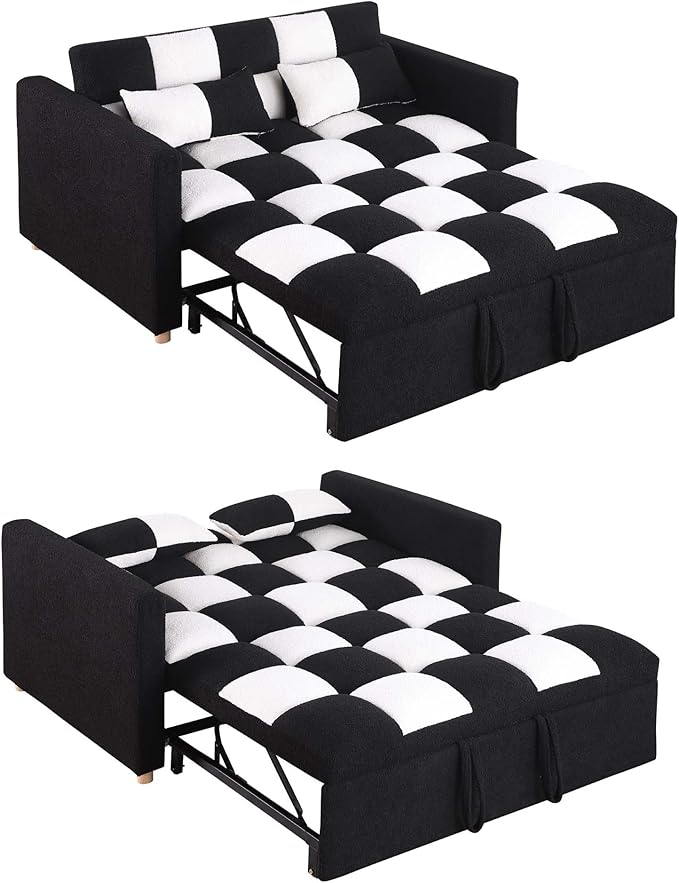 Loveseat Sleeper Sofa Bed Pull Out Couch with Adjustable Backrest and Soft Teddy Fabric Deal for Living Room and Small Spaces Black and White