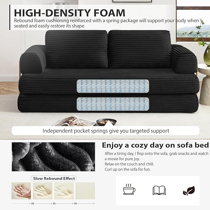Convertible Folding Sofa Bed Modern Futon Sleeper Sofa Fold Out Couch Bed with Gold Fixed Frame Modular Floor Sofas Comfy Corduroy Boneless Couches for Living Room (80 Black)