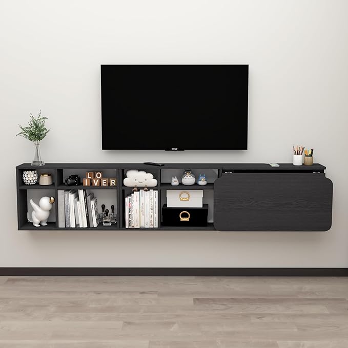 Floating Desk with Storage Shelves 82'' Wall Mounted Desk Laptop Writing Study Table Folding Drop Leaf Table Multifunctional Computer Workstation for Narrow Small Space