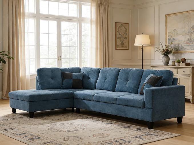 103.5 Inch Modern L-Shaped Couch Flannel Sectional Sofa with Chaise Lounge 4-Seater Couch with Accent Pillows for Living Room Apartment Dark Blue