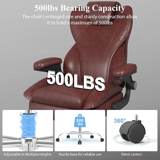 Office Desk Chair Executive Leather Office Chair High Back Ergonomic Home Desk Chair with Padded Flip-up Arms Big and Tall Computer Chair with Rocking Function 360°Swivel Free Brown