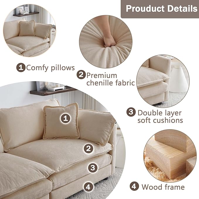 111.5 Sofa Modular Sectional Cloud Couch 3-Seat Chenille Deep Seat Sofa with Pillow for Living Room Bedroom and Apartment Light Coffee