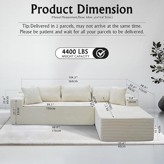 White sectional couches for Living Room Corduroy Couch104 Cloud Sectional Couch with L-Shape Chaise Modern Modular Sofa Deep Seat Comfort No Assembly Required(Plush Corduroy Fabric)