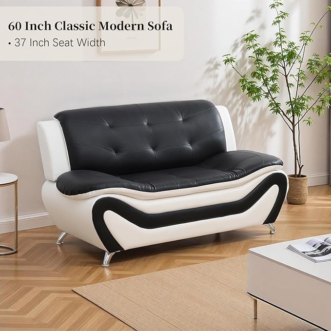 Modern Sofa Set Black Faux Leather 3 Seater Sofa 2 Seater Loveseat Single Chair Button Tufted Seat Cushion Sectional Couches Living Room Furniture Sets 3 Pieces