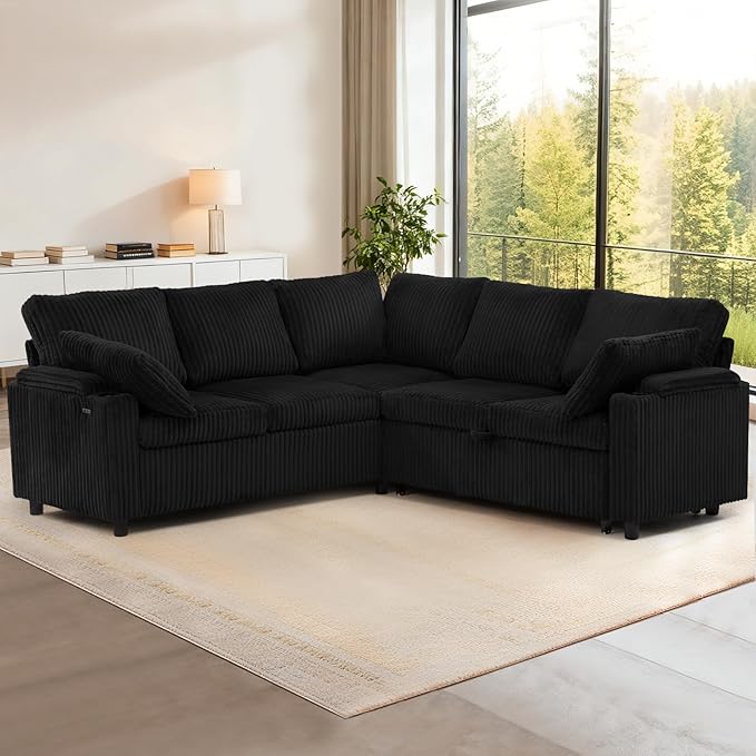85 Corduroy Reversible Sectional Sofa w/Pull Out Bed Upholstery L Shaped Couch w/Storage Armrests &amp Cup Holders Modern Corner Sofa w/USB Charging Port &amp Throw Pillow for Living Room Black