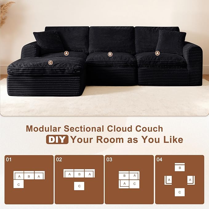 108” Modular Sectional Sofa Couches L Shaped Couch 3 Seater Cloud Sofa Memory Foam Sectional Couches for Living Room Boneless Couch with Ottoman Corduroy Black