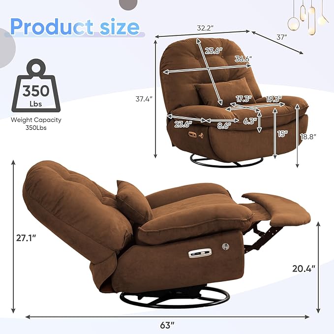 Oversized Electric Recliner Chair 360 Swivel Rocking Glider Rocker for Adults Modern Ergonomic Lounge for Living Room Phone Stand&amp Smart Voice Control Theater Seating (Brown Fabric)