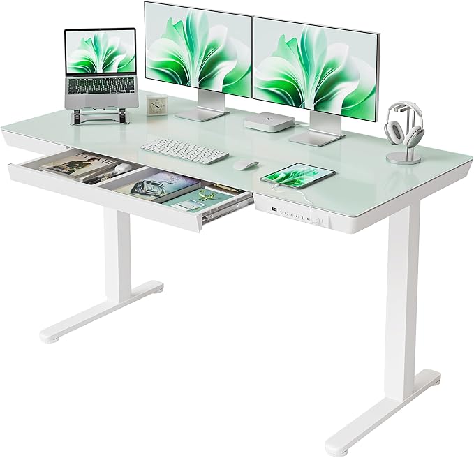 FEZIBO 55 × 24 Electric Standing Desk with Drawers Whole-Piece Glass Height Adjustable Desk with One-Piece Tabletop and USB Charging Ports One-Piece Quick Install Adjustable Sit Stand Desk White