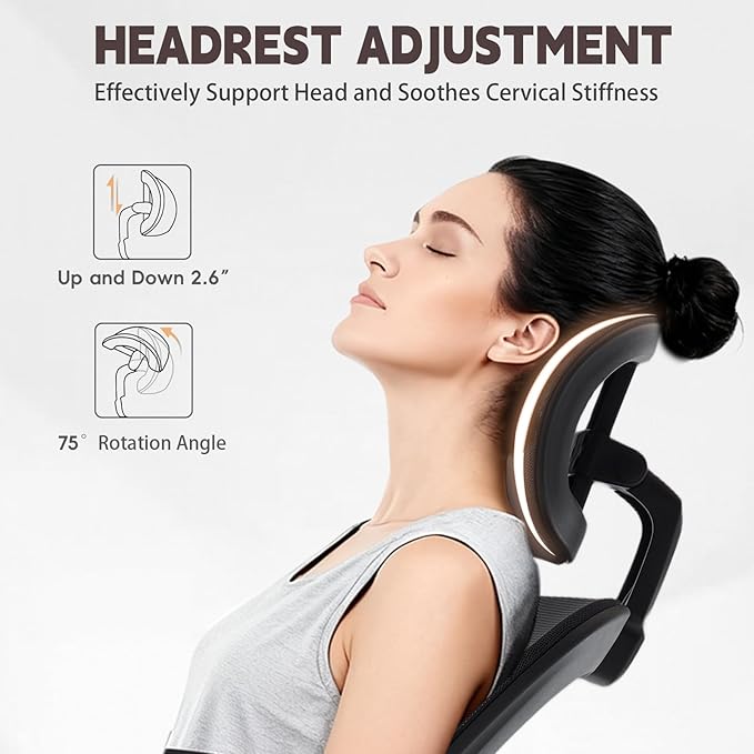 Ergonomic Office Chair with 3D Adjustable Lumbar Support Mesh High Back 75° Rotating Headrest Rocking Function 300lbs Capacity Black/White (Black)