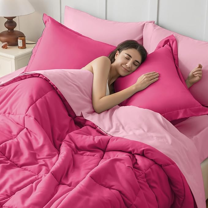 JOLLYVOGUE Twin Comforter Set Ultra-Soft Bed in a Bag Twin Size 5 Pieces Oeko-TEX Certified Bedding Set with Down Alternative Comforter Sheets Pillowcases &amp Shams Hot Pink &amp Baby Pink