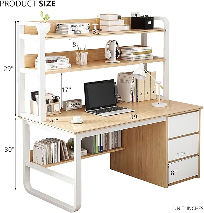 Home Office Desk with Bookshelf and 3 Drawers PC Study Writing Desk Student Writing Study Table Modern Simple Computer Desk/Workstation(39 Inch Gray)