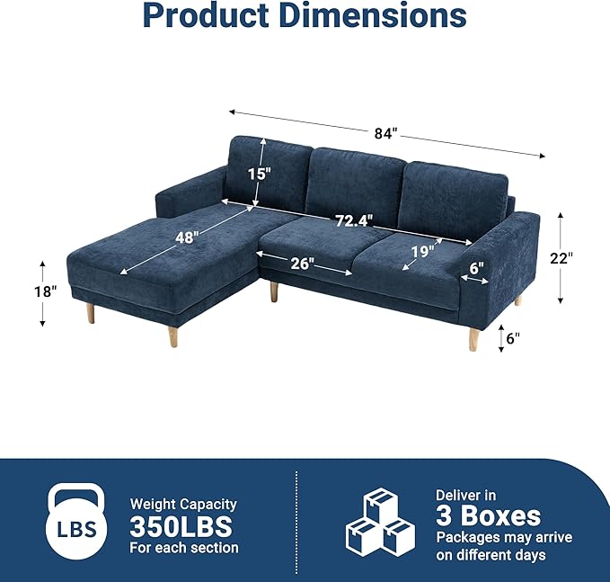Tbfit 84 L-Shaped Sectional Sofa Comfy Upholstered Couch with Chaise Modern Fabric Living Room Furniture for Home Office Blue
