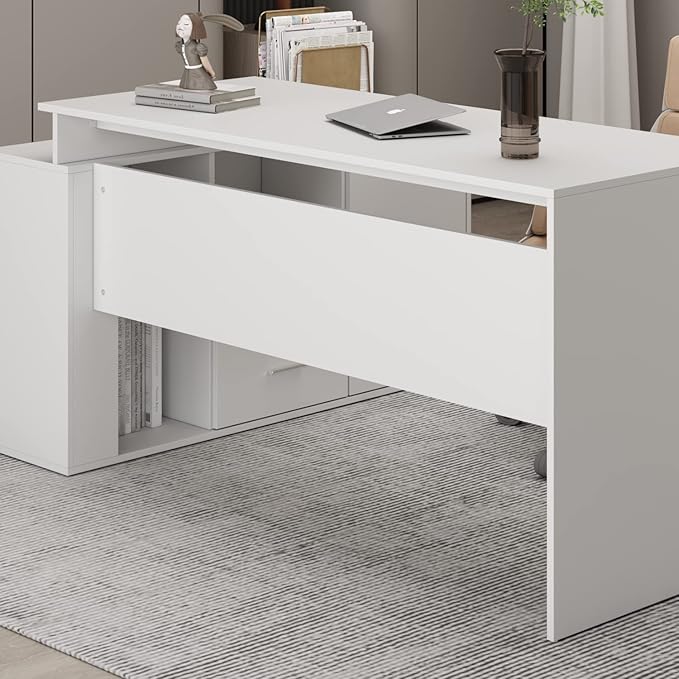 Homsee Home Office Computer Desk Corner Desk with 2 Drawers and 2 Open Cubes 55 Inch Large L-Shaped Study Writing Table with Storage Cabinet White (55.1”L x 47.2”W x 29.5”H)
