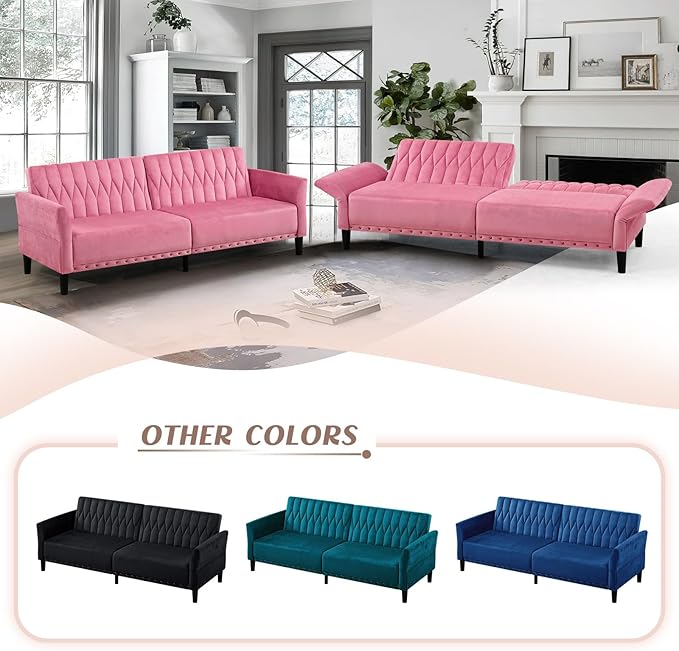 77” Velvet Sofa Bed with Adjustable Armrests and BackrestsTufted Convertible Futon Couch with Nailhead Trim Loveseat Modern Velvet Sleeper Sofa for Living RoomBedroomOfficePink