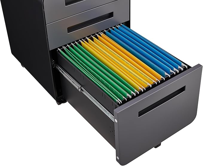3 Drawer Small File Cabinet with Lock Under Desk Locking Storage Cabinet Organizer for Home Office Mobile Filing Cabinets with 5-Wheel DesignDarkgrey