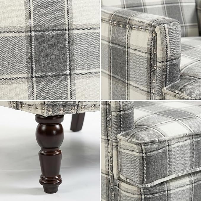 Plaid Accent Chair Mid-Century Modern Armchair Upholstered Decorative Reading Chair for Living Room Bedroom or Home Office Seating(Gery)