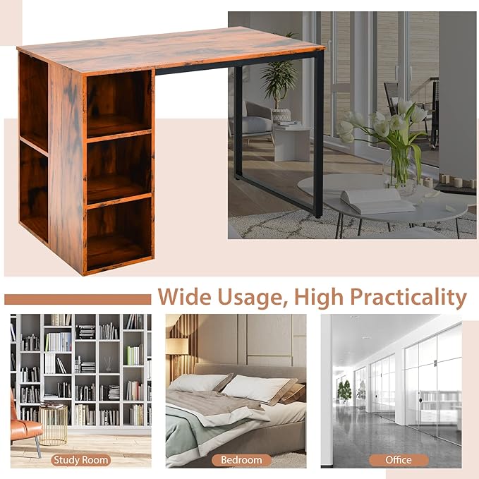 Computer Desk with Storage Writing Desk with 5 Open Shelves &amp Metal Frame Work Desk for Home Office Study Desk for Bedroom Small Desks for Small Spaces (Rustic Brown)