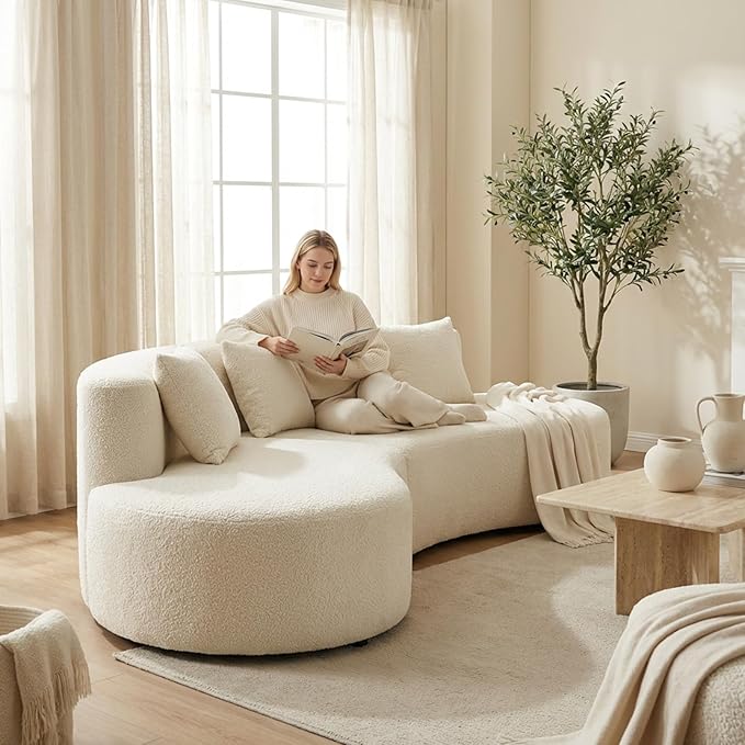 Modern Curved Sectional Sofa Couch 95 Beige - Cloud Fleece Upholstered 4-Seater Modular Boneless Couches for Living Room Office Apartment