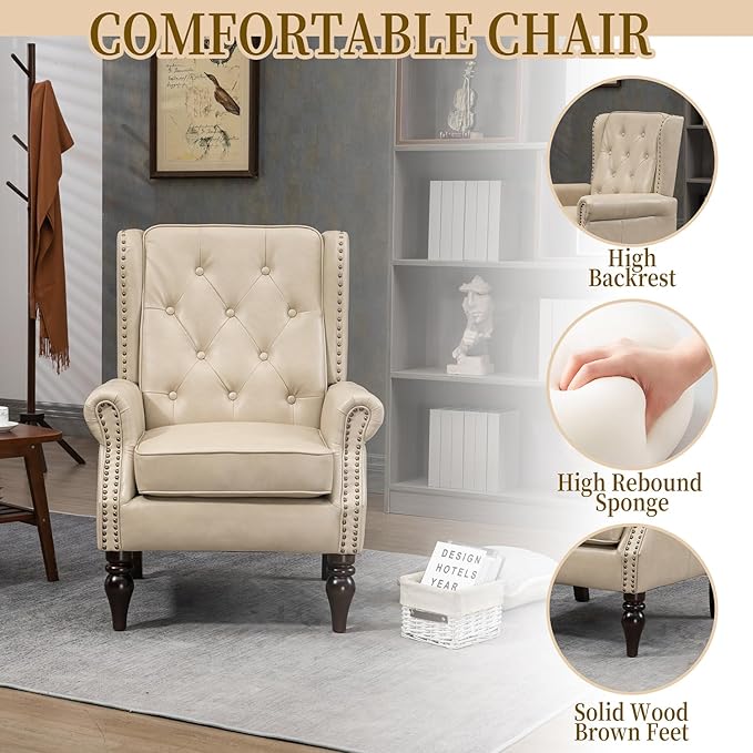 Mid-Century Wingback Chair PU Leather Accent Chair with Buttons Modern Living Room Lounge Sofa Chair with Rivet DecorationSingle Club Armchair for Bedroom Home Reception(PU Camel)